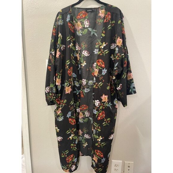 BOOHOO WOMENS SUMMER KIMONO Cardigan COVERALL FLORAL LONG WIDE SLEEVE SIZE LARGE - Picture 1 of 8